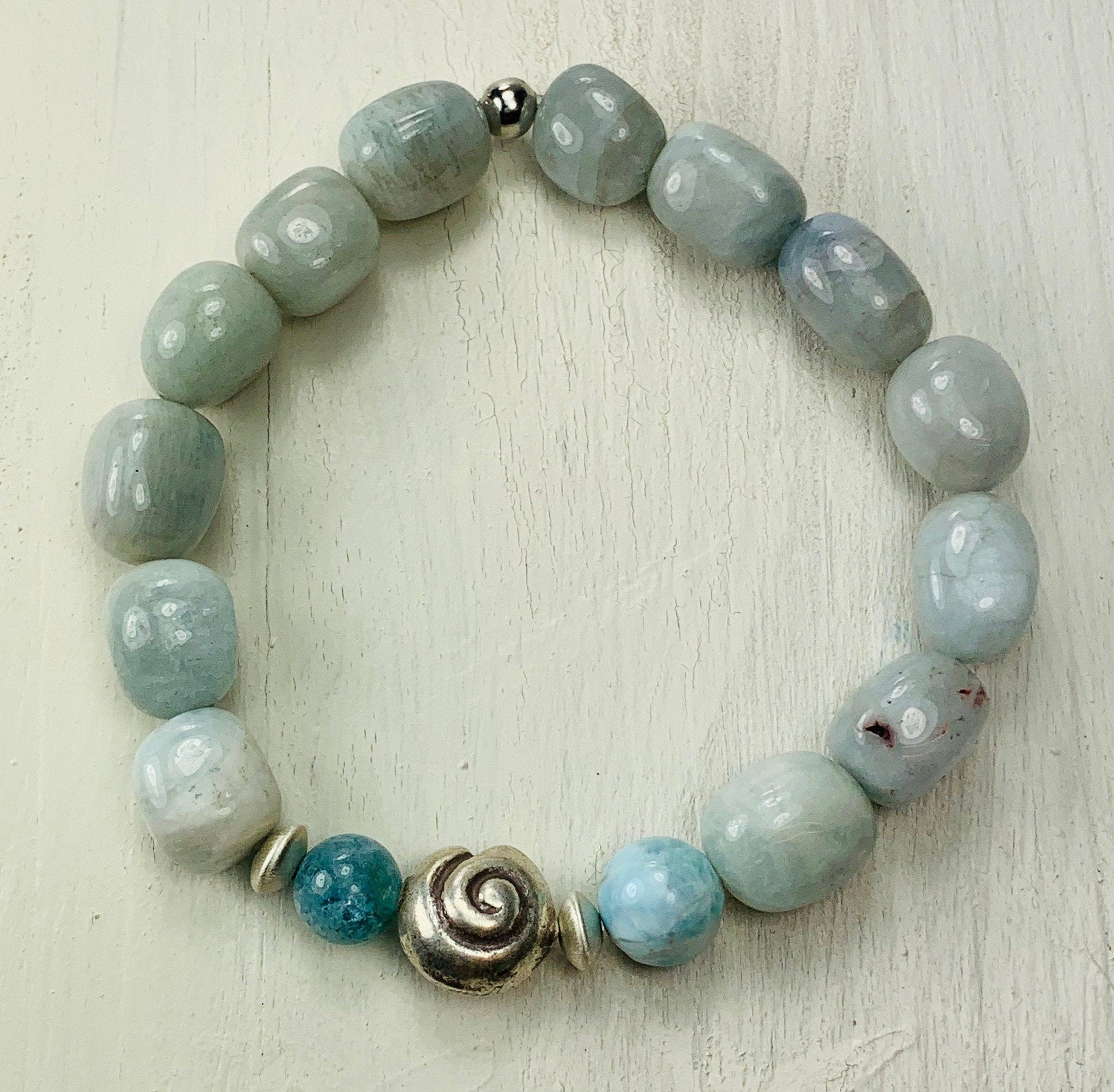Armband Aqumarin Larimar Amaronit Silber Beads  Unique Chic Handmade Bracelet