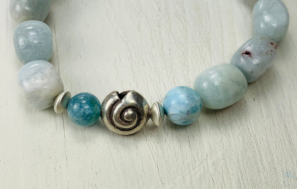 Armband Aqumarin Larimar Amaronit Silber Beads  Unique Chic Handmade Bracelet