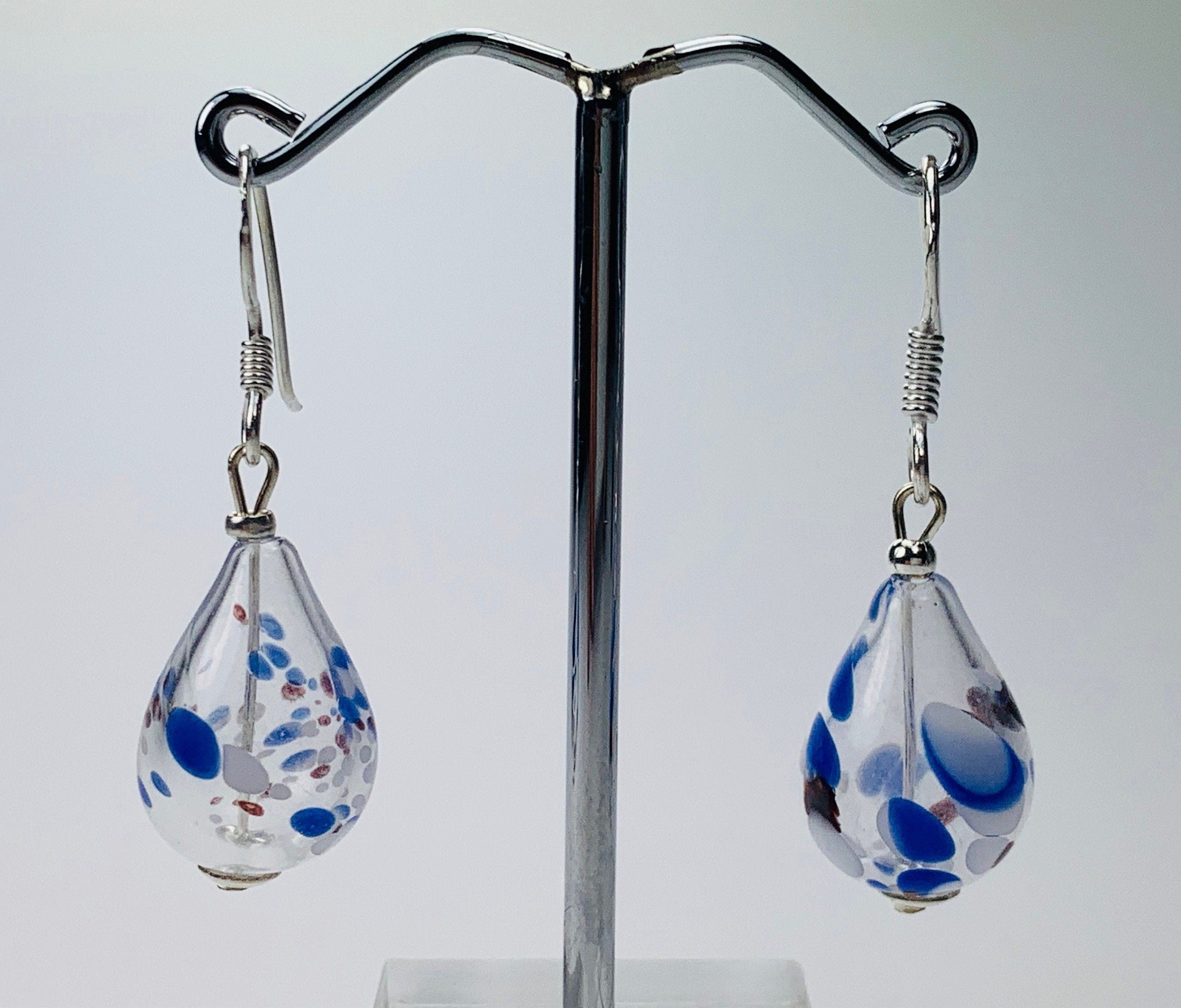 Ohrringe Hohlglasperlen weiss/blau Lampwork Beads Earrings Handmade